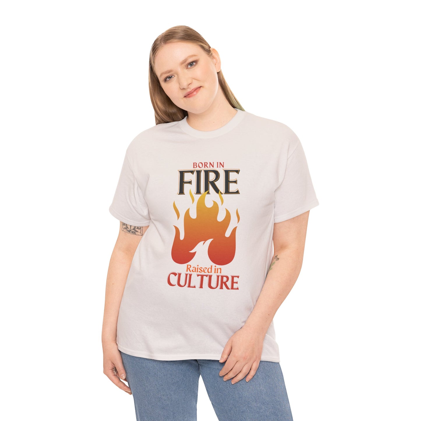 Born in Fire Unisex Heavy Cotton Tee - Bold Culture Statement, Graphic Tee, Casual Wear, Gift for Friends, Celebration Apparel