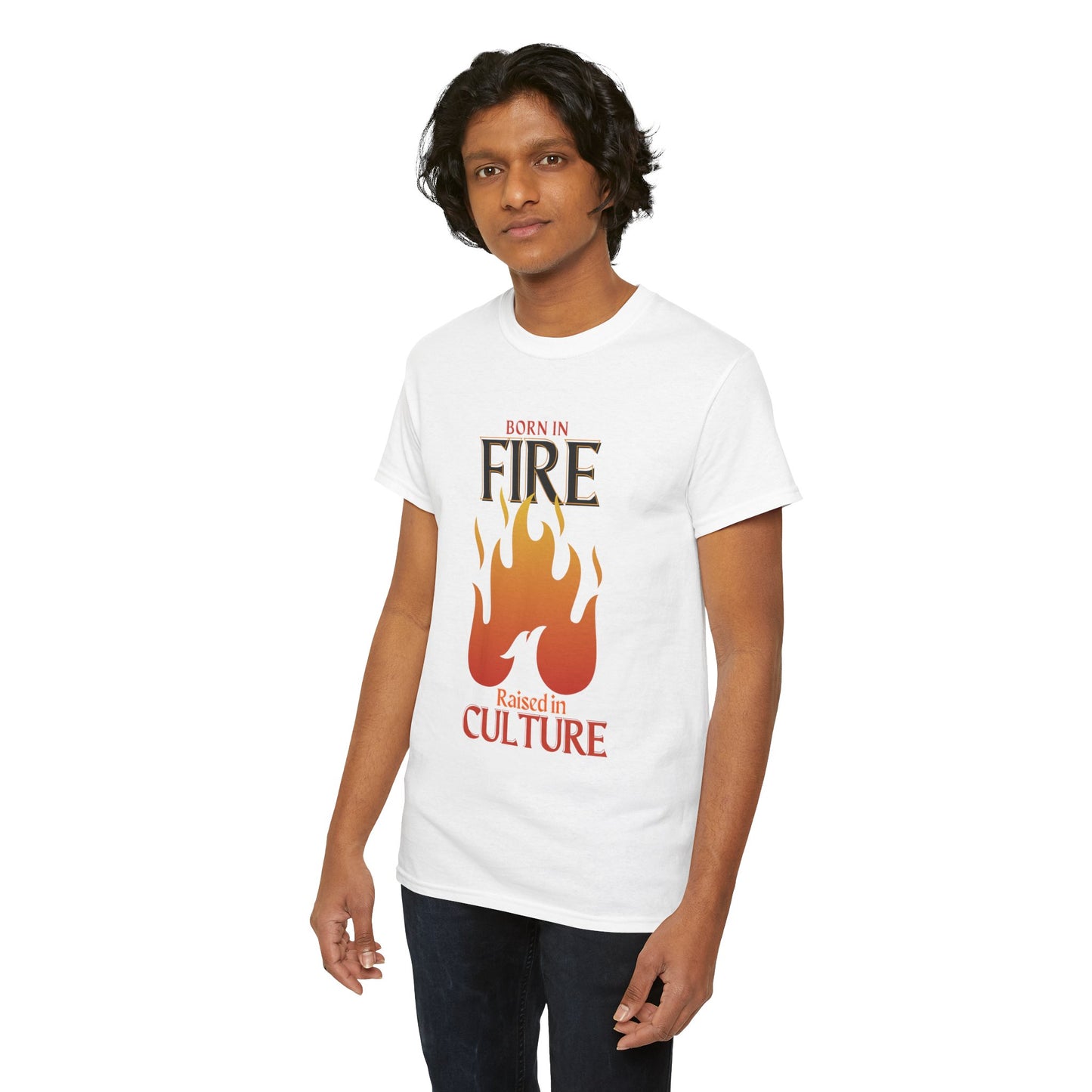 Born in Fire Unisex Heavy Cotton Tee - Bold Culture Statement, Graphic Tee, Casual Wear, Gift for Friends, Celebration Apparel