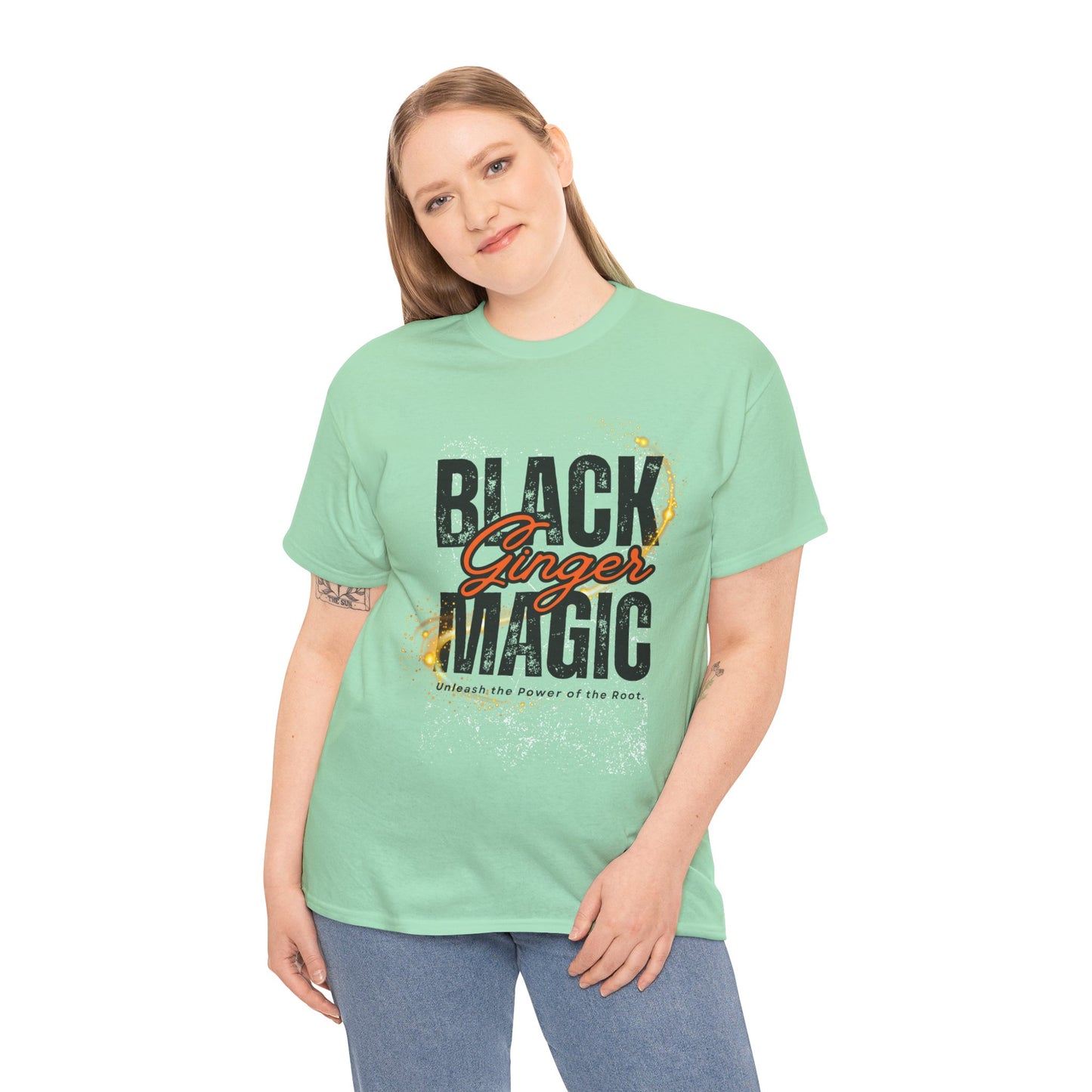 Unisex Heavy Cotton Tee with 'Black Ginger Magic' Design, Empowering Gift for Witches, Everyday Wear, Festivals, Spirituality