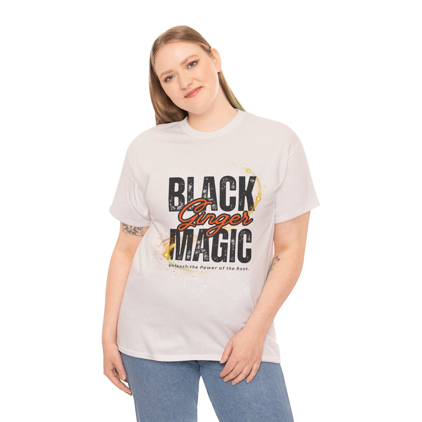 Unisex Heavy Cotton Tee with 'Black Ginger Magic' Design, Empowering Gift for Witches, Everyday Wear, Festivals, Spirituality