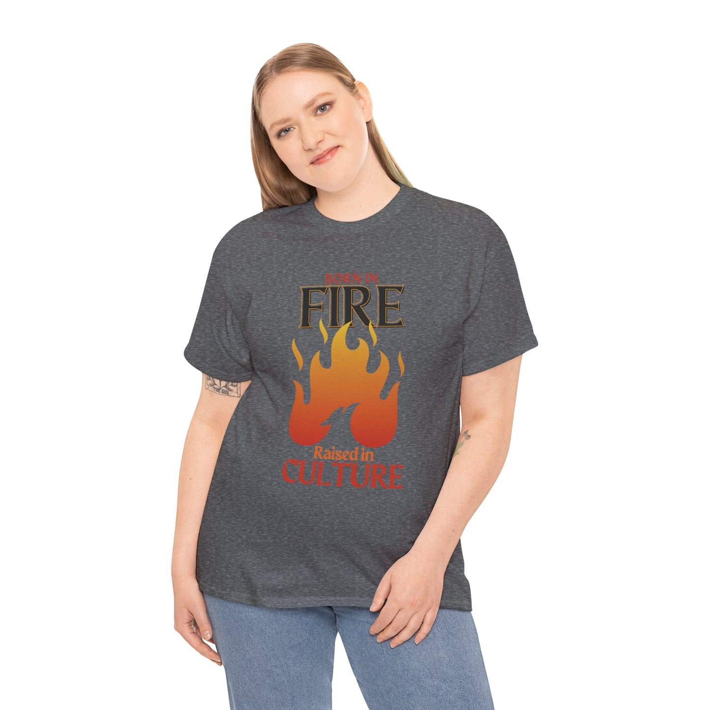 Born in Fire Unisex Heavy Cotton Tee - Bold Culture Statement, Graphic Tee, Casual Wear, Gift for Friends, Celebration Apparel