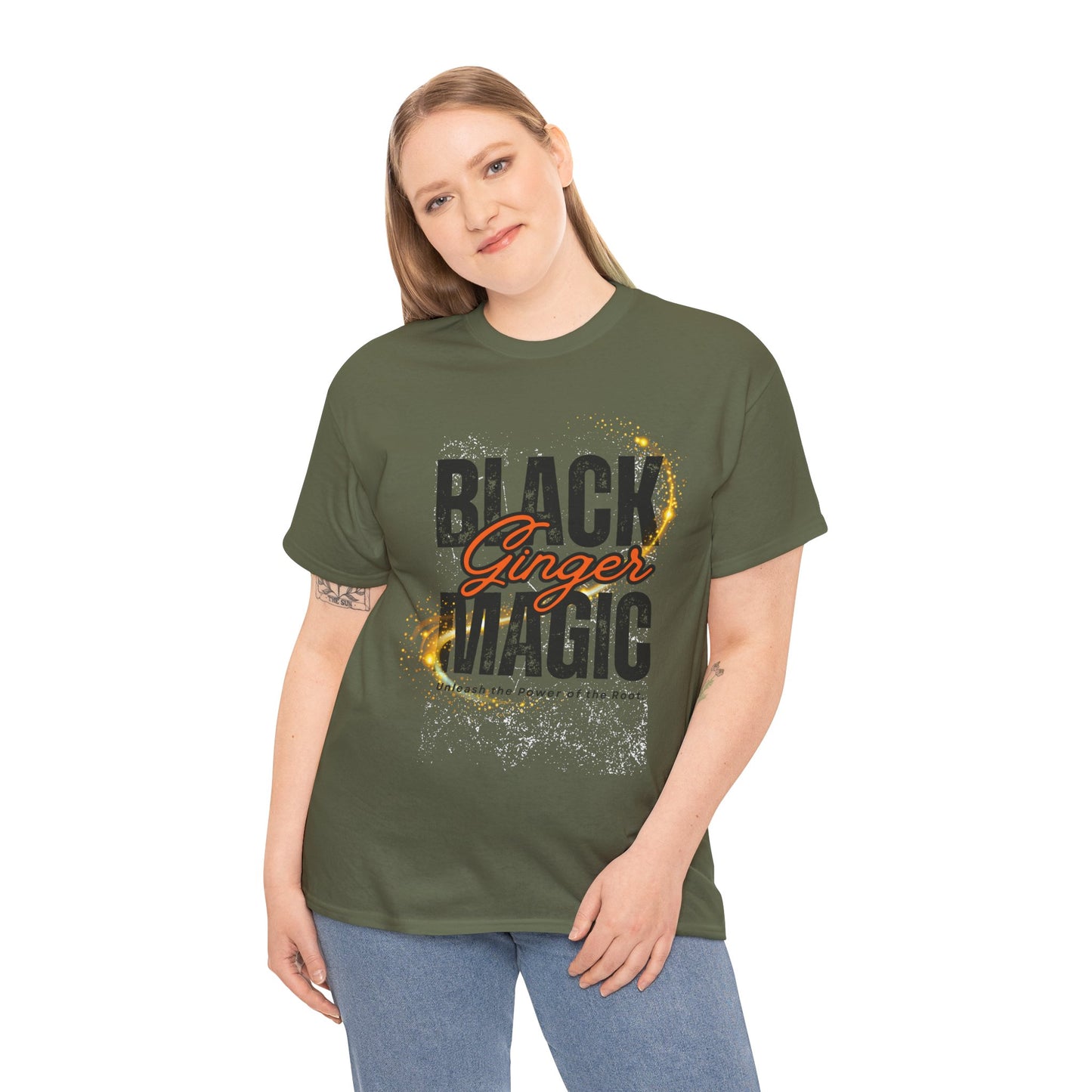 Unisex Heavy Cotton Tee with 'Black Ginger Magic' Design, Empowering Gift for Witches, Everyday Wear, Festivals, Spirituality