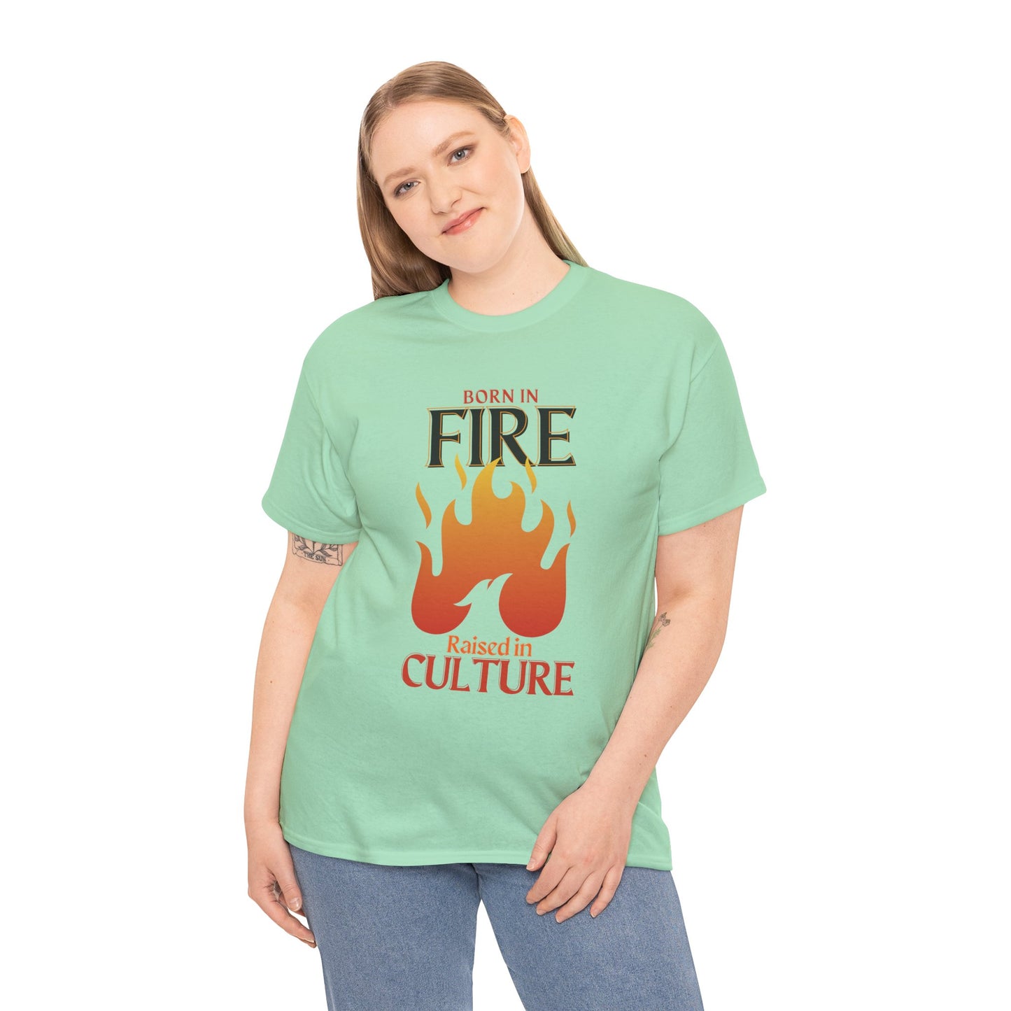 Born in Fire Unisex Heavy Cotton Tee - Bold Culture Statement, Graphic Tee, Casual Wear, Gift for Friends, Celebration Apparel