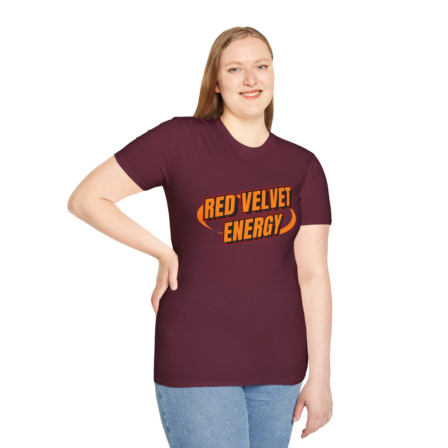 Unisex Softstyle T-Shirt with 'Red Velvet Energy' Design, Casual Tee, Gift for Friends, Fun Graphic Shirt, Energy Vibe Tee