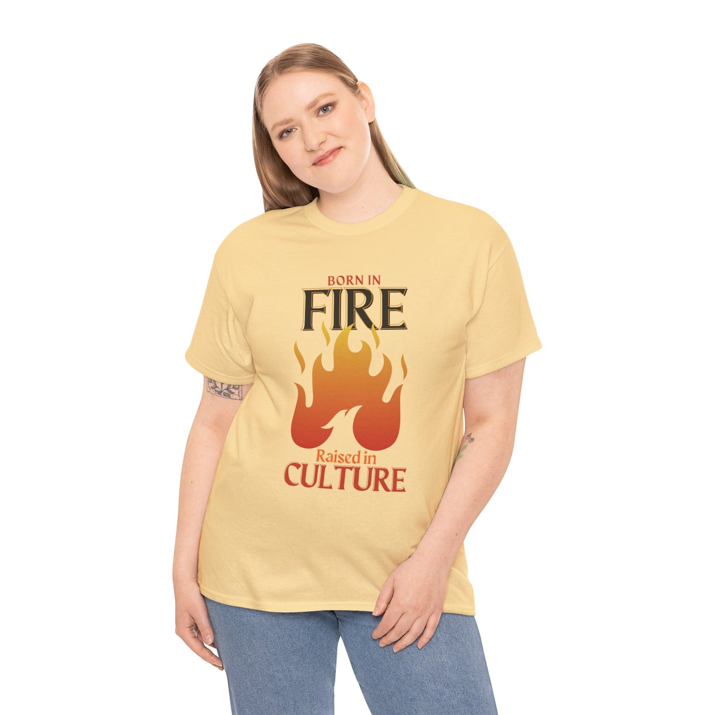 Born in Fire Unisex Heavy Cotton Tee - Bold Culture Statement, Graphic Tee, Casual Wear, Gift for Friends, Celebration Apparel