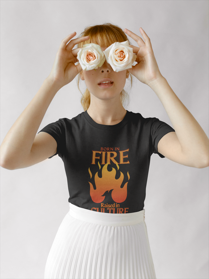 Unisex Heavy Cotton Tee: "Born in Fire, Raised in Culture" Shirt - Casual Wear, Gift for Friends, Festival Clothing, Everyday Fashion