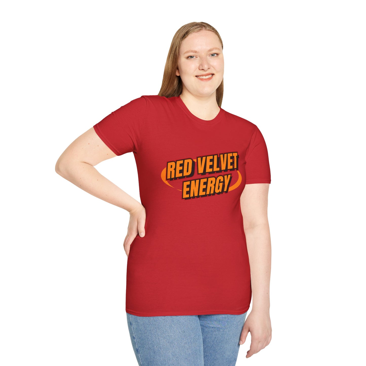 Unisex Softstyle T-Shirt with 'Red Velvet Energy' Design, Casual Tee, Gift for Friends, Fun Graphic Shirt, Energy Vibe Tee