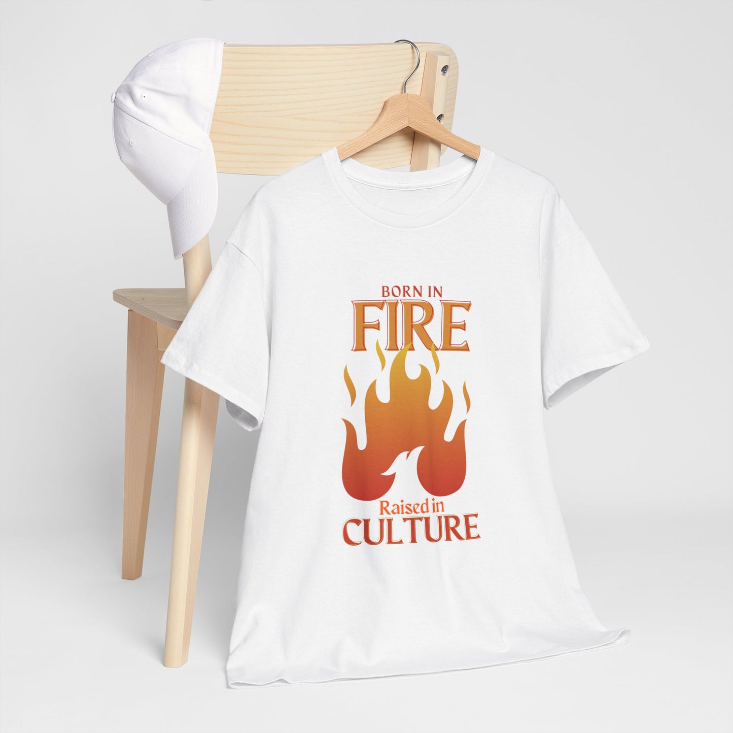 Unisex Heavy Cotton Tee: "Born in Fire, Raised in Culture" Shirt - Casual Wear, Gift for Friends, Festival Clothing, Everyday Fashion